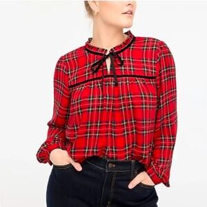 NWT J. Crew Velvet Tie-Neck Top in Bright Red Holiday Christmas Plaid Size XXL